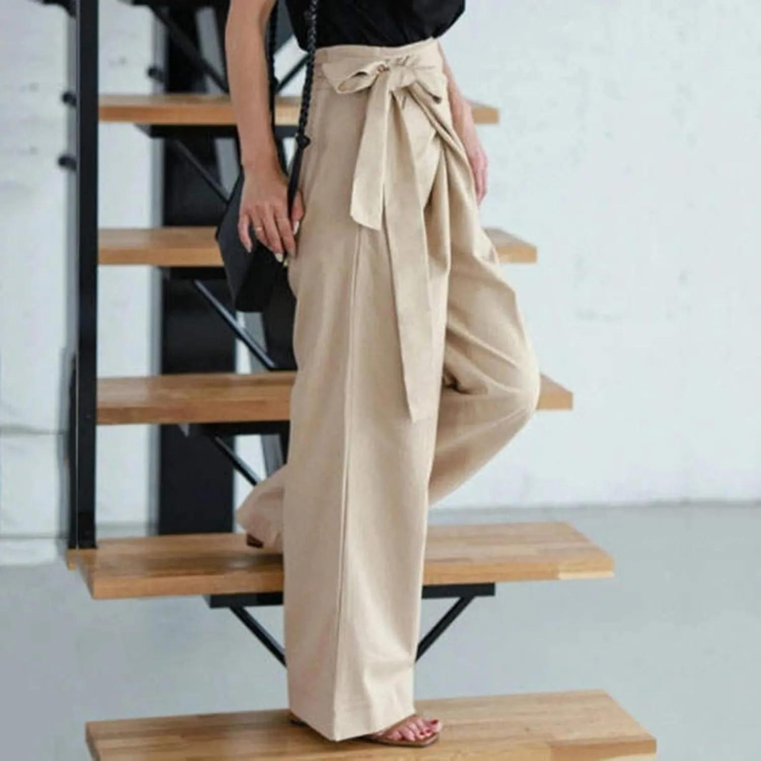 Uillui Dressy Casual Work Pants for Women Fashion Wrap High Waist Lace-Up Slacks Straight Leg Wide Leg Cotton Linen Trousers