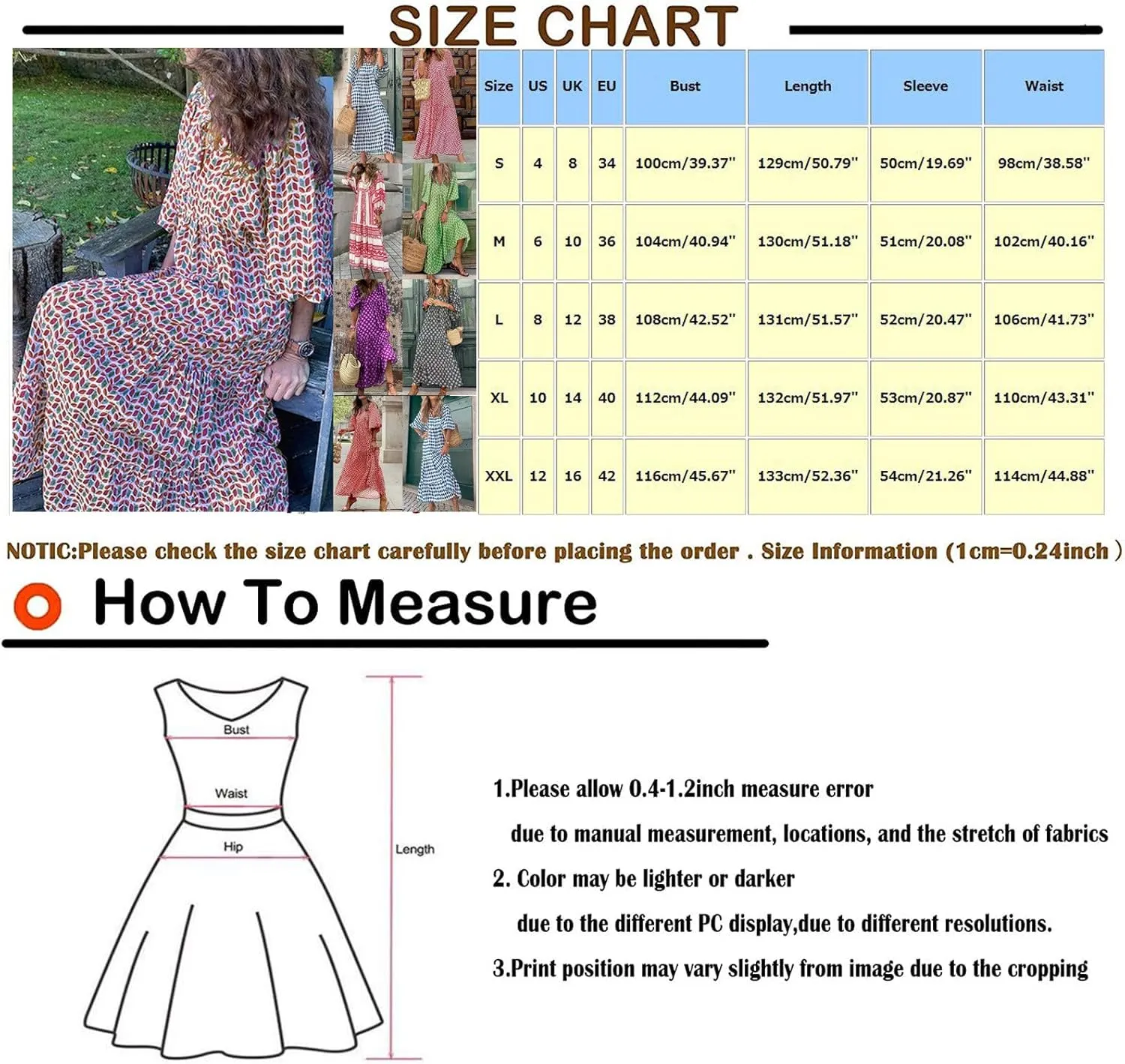 V Neck Summer Casual Fashion Print Lace-Up Bubble 3/4 Sleeves Ruffle Stitching Big Swing Long Loose Maxi Dress