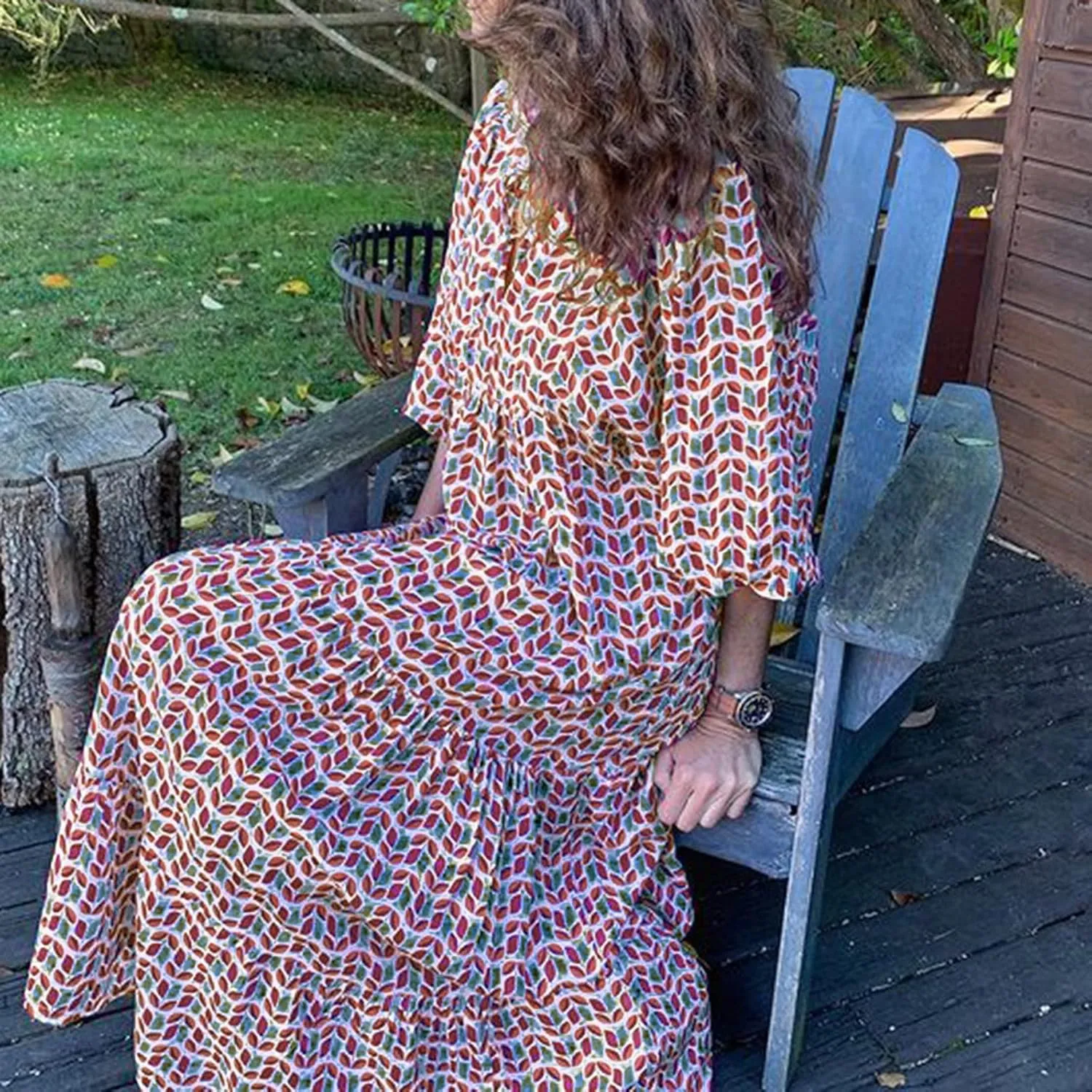 V Neck Summer Casual Fashion Print Lace-Up Bubble 3/4 Sleeves Ruffle Stitching Big Swing Long Loose Maxi Dress