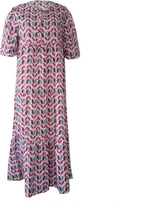 V Neck Summer Casual Fashion Print Lace-Up Bubble 3/4 Sleeves Ruffle Stitching Big Swing Long Loose Maxi Dress