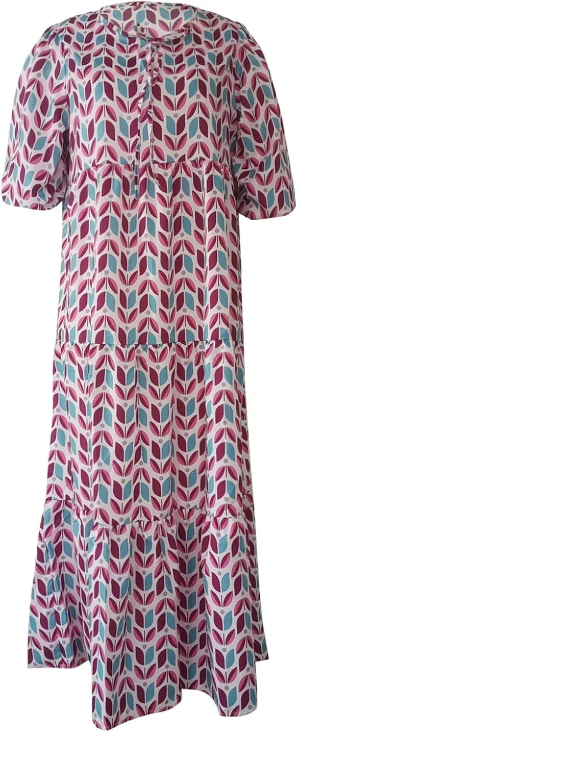 V Neck Summer Casual Fashion Print Lace-Up Bubble 3/4 Sleeves Ruffle Stitching Big Swing Long Loose Maxi Dress