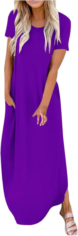 Vacation Dresses for Women 2024 Short Sleeve Maxi T-Shirts Dress Summer Loose Causal Beach Dress with Pockets