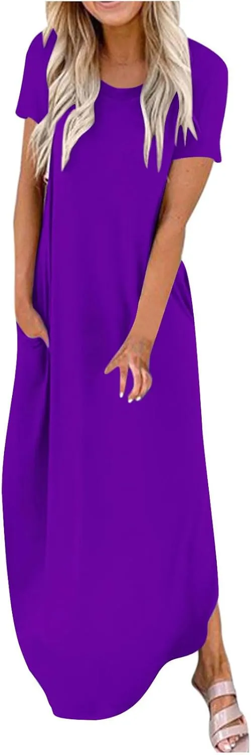 Vacation Dresses for Women 2024 Short Sleeve Maxi T-Shirts Dress Summer Loose Causal Beach Dress with Pockets