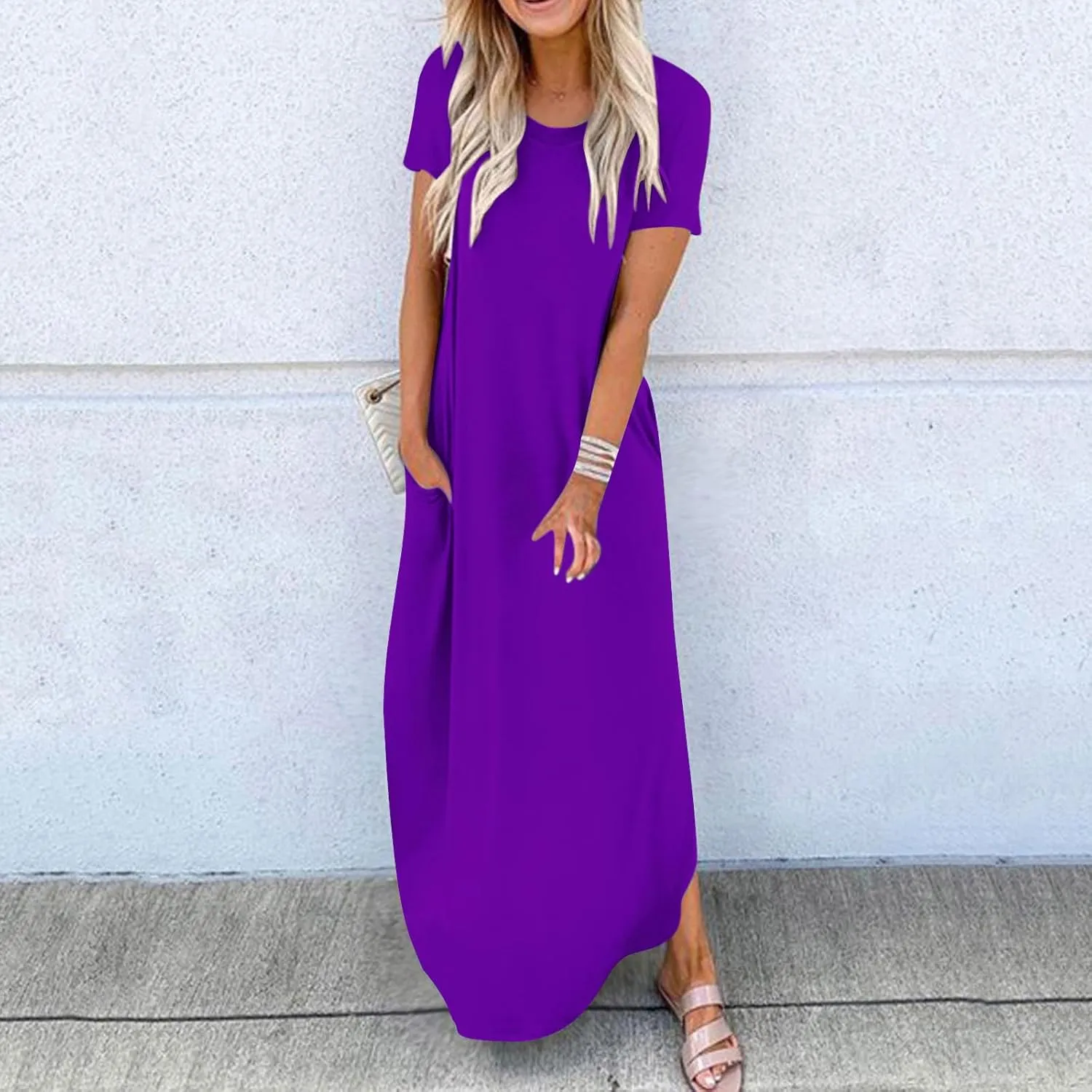 Vacation Dresses for Women 2024 Short Sleeve Maxi T-Shirts Dress Summer Loose Causal Beach Dress with Pockets