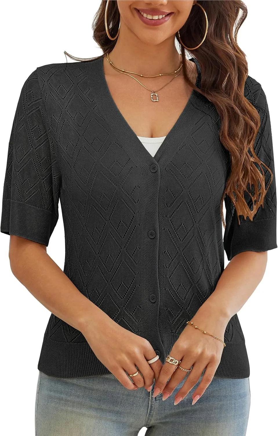 VOIANLIMO Women's Sweater Cropped Knit Long Sleeve Cardigan Lightweight Bolero Short Shrugs V-Neck Button up Tops