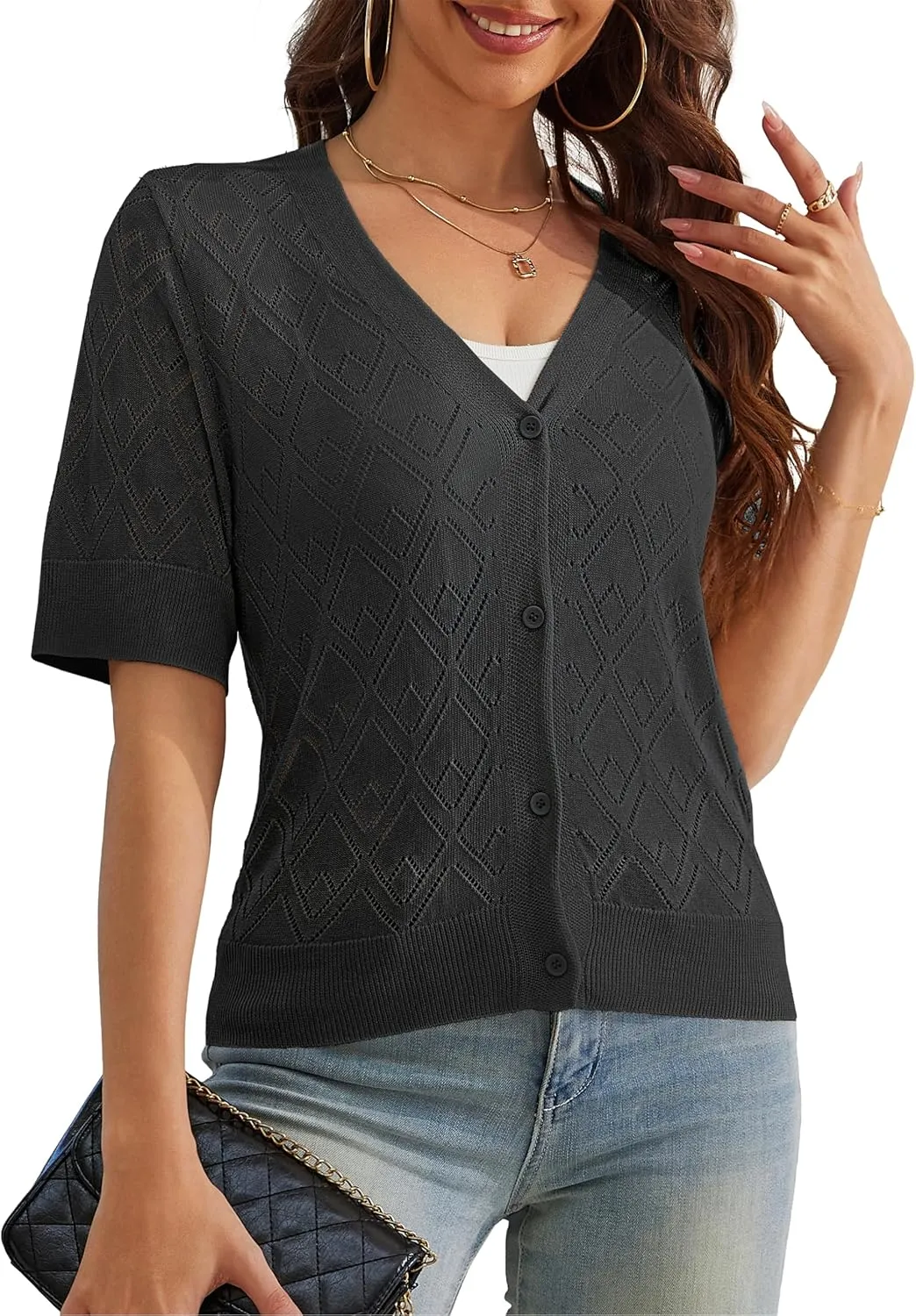 VOIANLIMO Women's Sweater Cropped Knit Long Sleeve Cardigan Lightweight Bolero Short Shrugs V-Neck Button up Tops