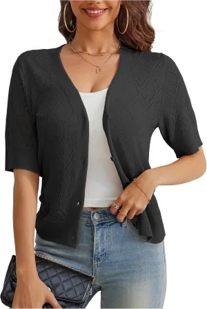 VOIANLIMO Women's Sweater Cropped Knit Long Sleeve Cardigan Lightweight Bolero Short Shrugs V-Neck Button up Tops