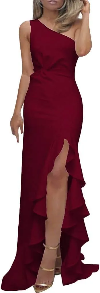 Wedding Guest Dress for Women 2025,Women's Slim One Shoulder Ruched Split Mermaid Dress Evening Cocktail Maxi Dresses