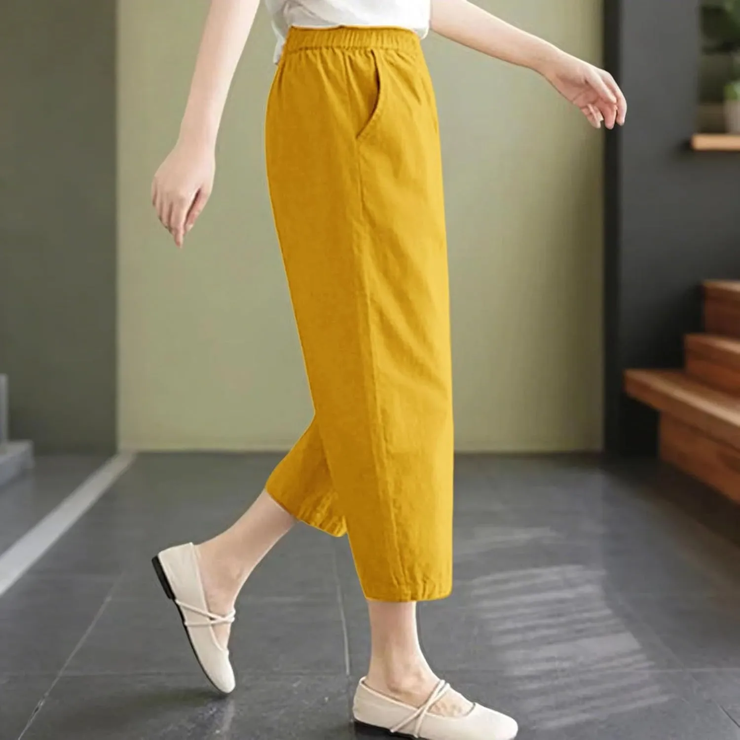 Wide Leg Linen Pants for Women Summer Beach Capri Palazzo Flowy Pant Casual Loose High Waist Trousers with Pockets