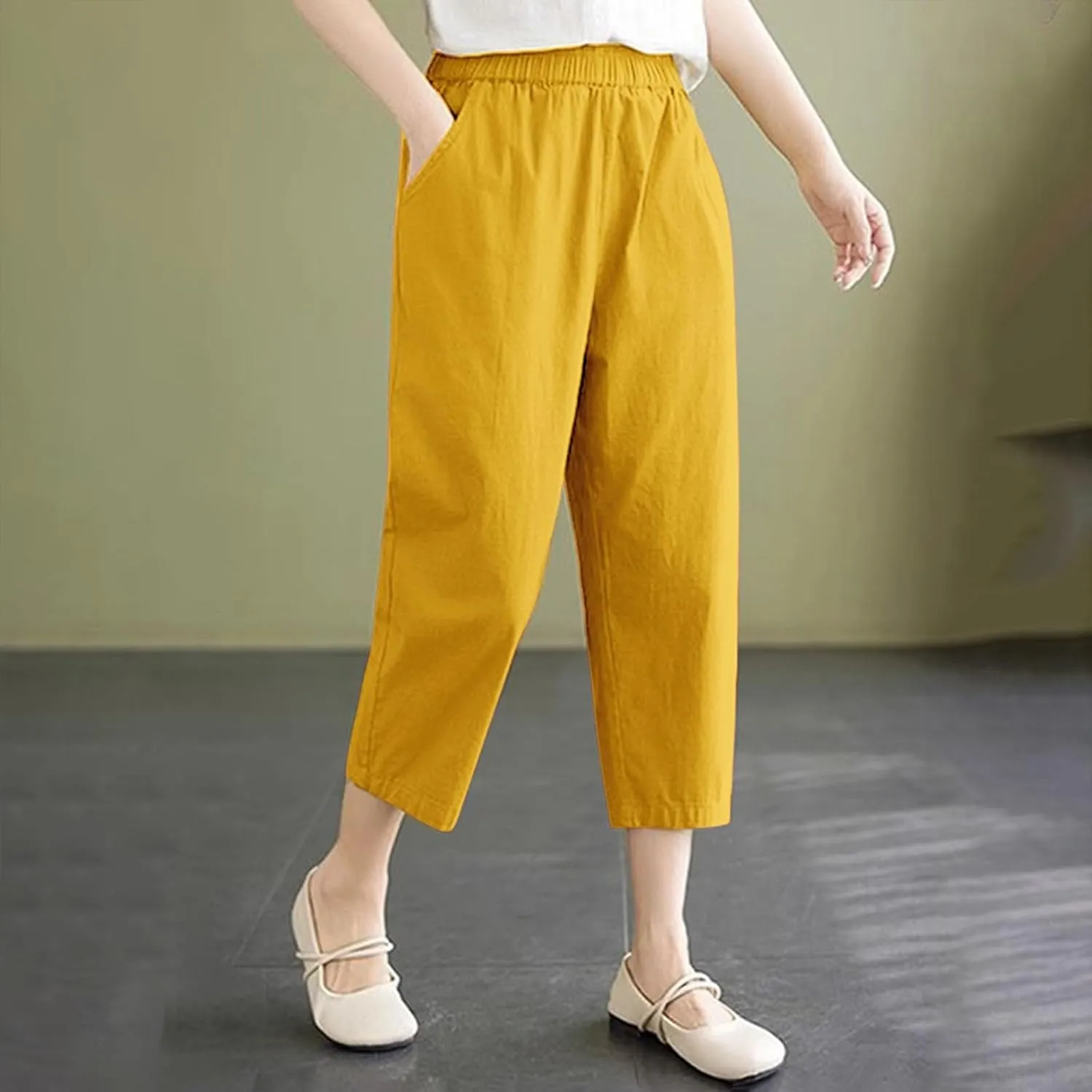 Wide Leg Linen Pants for Women Summer Beach Capri Palazzo Flowy Pant Casual Loose High Waist Trousers with Pockets