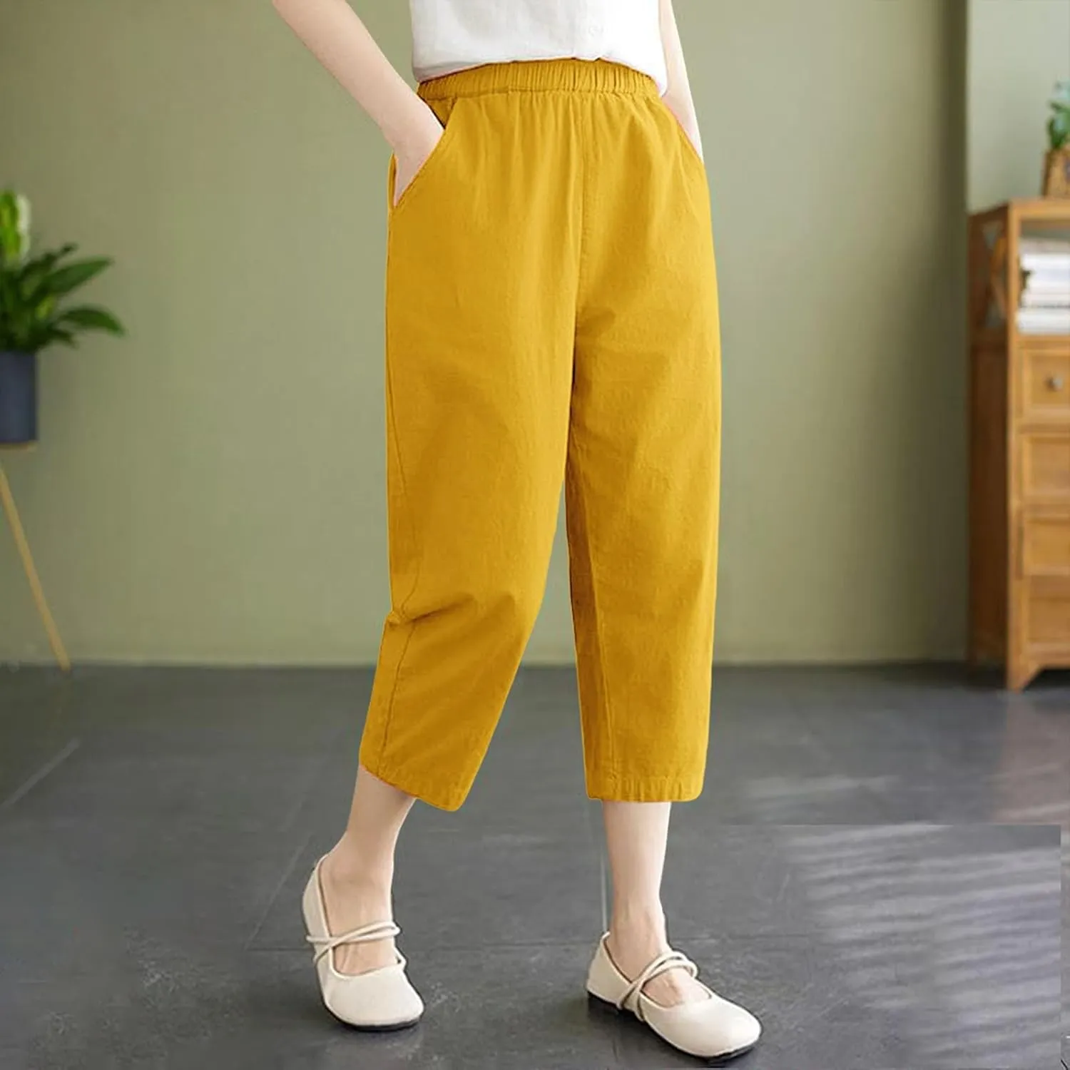 Wide Leg Linen Pants for Women Summer Beach Capri Palazzo Flowy Pant Casual Loose High Waist Trousers with Pockets