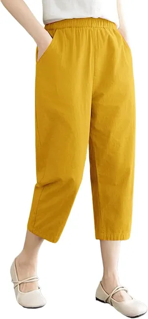 Wide Leg Linen Pants for Women Summer Beach Capri Palazzo Flowy Pant Casual Loose High Waist Trousers with Pockets