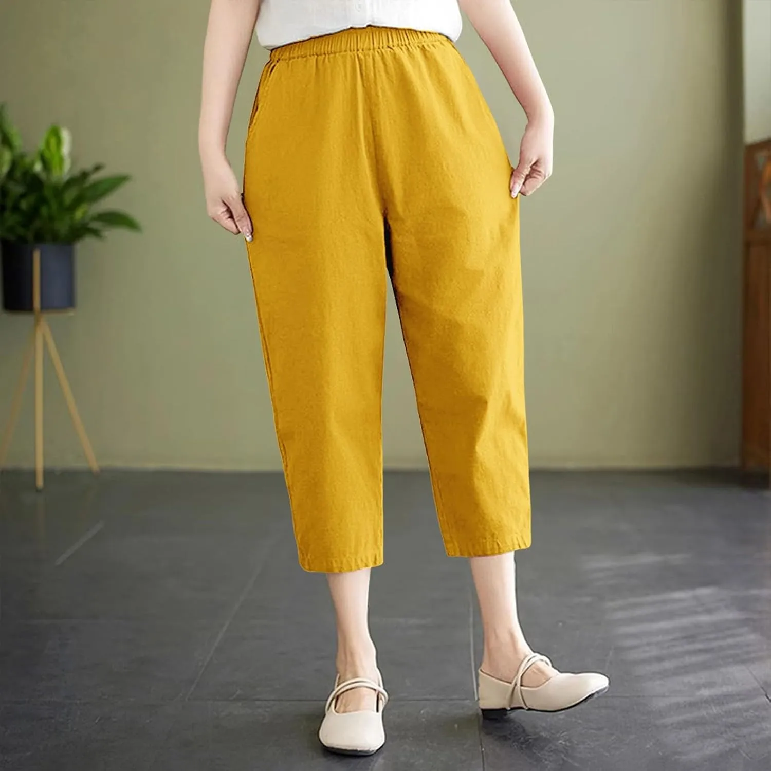 Wide Leg Linen Pants for Women Summer Beach Capri Palazzo Flowy Pant Casual Loose High Waist Trousers with Pockets