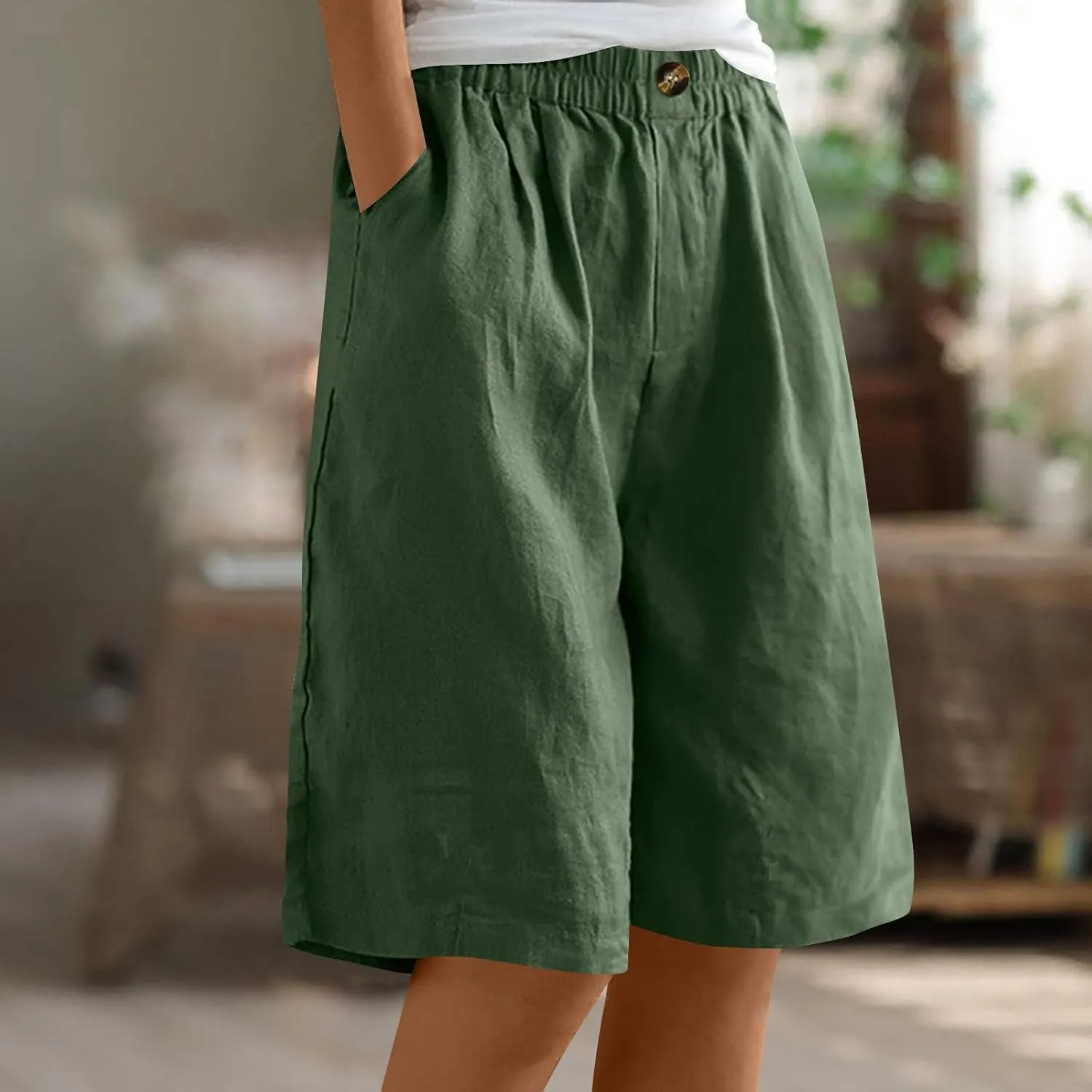 Wide Leg Linen Shorts for Women Knee Length Bermuda Shorts Summer Casual Loose Elastic Waist Beach Pants with Pocket