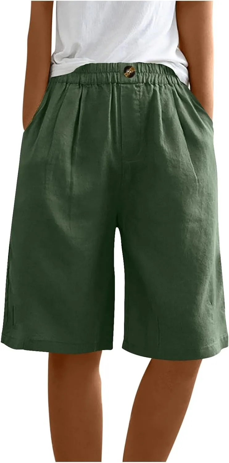 Wide Leg Linen Shorts for Women Knee Length Bermuda Shorts Summer Casual Loose Elastic Waist Beach Pants with Pocket