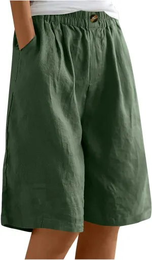 Wide Leg Linen Shorts for Women Knee Length Bermuda Shorts Summer Casual Loose Elastic Waist Beach Pants with Pocket