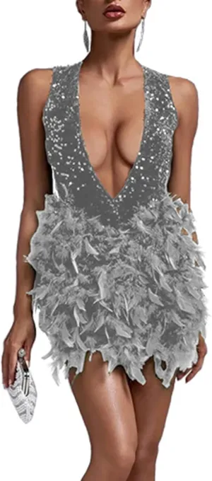 Wkishenl Women's Sexy Halter Deep V Neck Dress Sequin Party Cocktail Midi Dress Trendy 2024 Feather Short Dresses Elegant