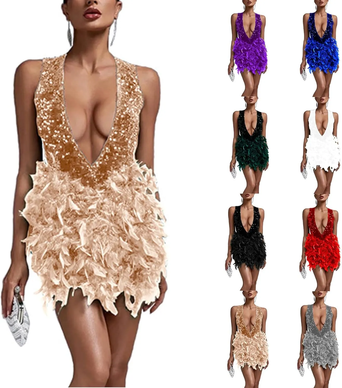 Wkishenl Women's Sexy Halter Deep V Neck Dress Sequin Party Cocktail Midi Dress Trendy 2024 Feather Short Dresses Elegant