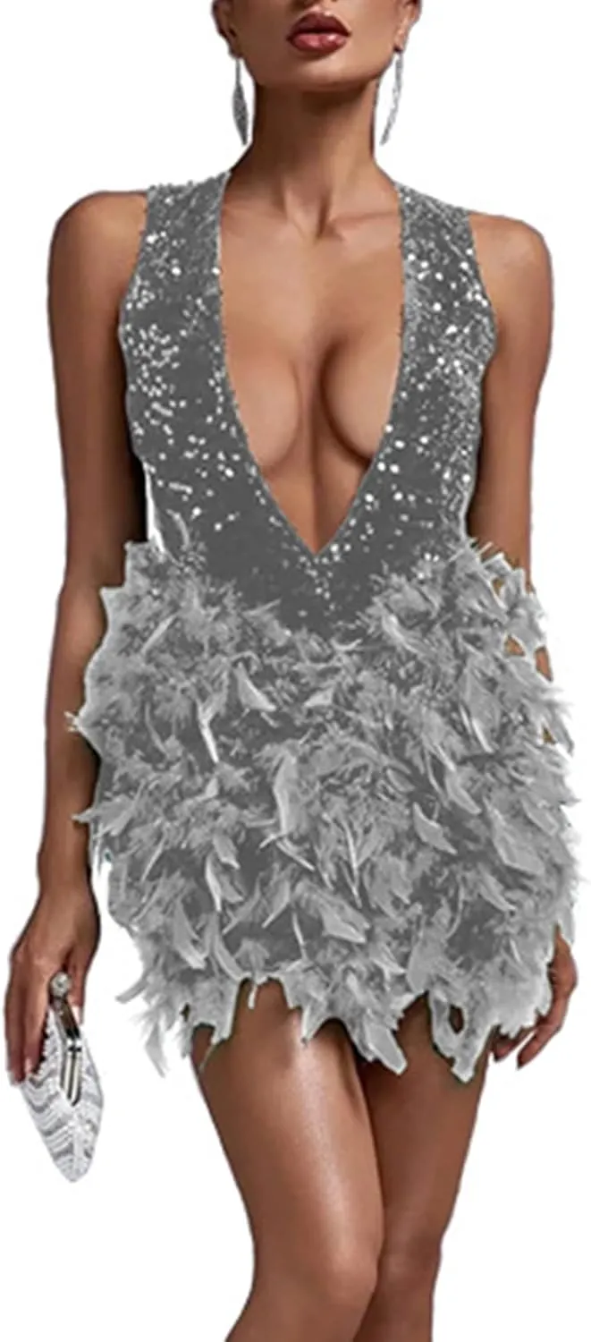 Wkishenl Women's Sexy Halter Deep V Neck Dress Sequin Party Cocktail Midi Dress Trendy 2024 Feather Short Dresses Elegant