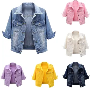 Women 3/4 Sleeve Colored Cropped Denim Jacket Lightweight Wash Frayed Jean Jacket Button Down Pleated Jackets with Pockets
