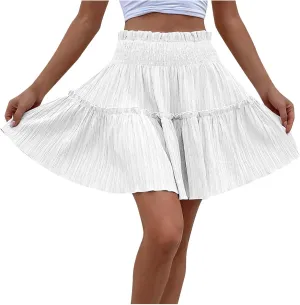 Women A Line Summer Skirt Trendy Casual Pleated Beach Skirt Bohemian Mini Skirt Above The Knee Boho Skirts White