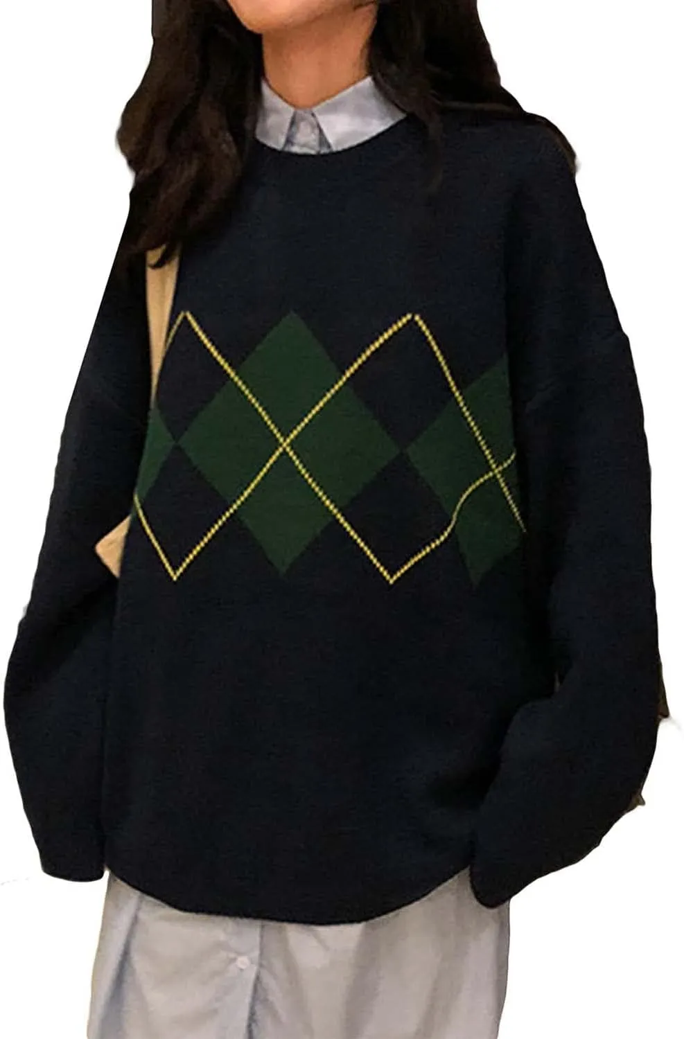 Women Argyle Plaid Oversized Sweater Dark Academia Clothing Y2k Vintage Aesthetic Pullover Top Harajuku Preppy Clothes