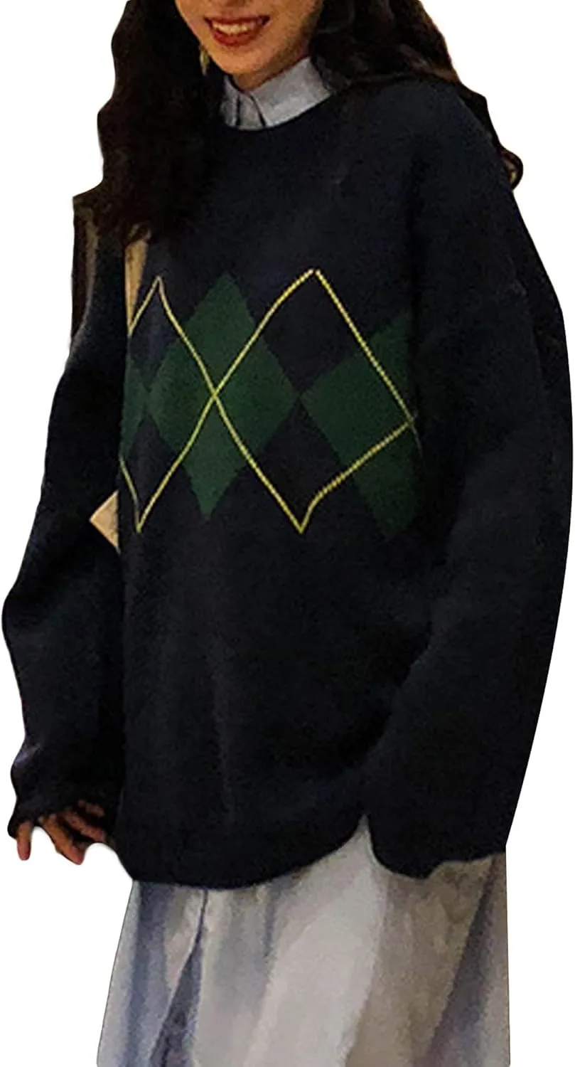Women Argyle Plaid Oversized Sweater Dark Academia Clothing Y2k Vintage Aesthetic Pullover Top Harajuku Preppy Clothes