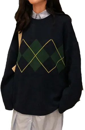 Women Argyle Plaid Oversized Sweater Dark Academia Clothing Y2k Vintage Aesthetic Pullover Top Harajuku Preppy Clothes