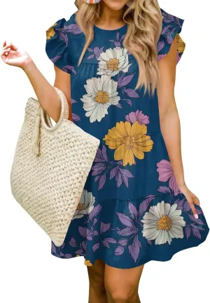 Women Babydoll Summer Casual Crew Neck Ruffle Sleeve Sleeveless Flowy Mini Short Tunic Dress Floral Print Pleated Dress1-Dark Blue,Small