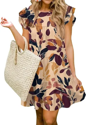 Women Babydoll Summer Casual Crew Neck Ruffle Sleeve Sleeveless Flowy Mini Short Tunic Dress Floral Print Pleated Dress1-Deep Red,Large