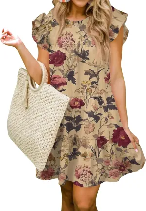 Women Babydoll Summer Casual Crew Neck Ruffle Sleeve Sleeveless Flowy Mini Short Tunic Dress Floral Print Pleated Dress1-Khaki,X-Large