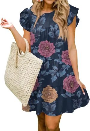 Women Babydoll Summer Casual Crew Neck Ruffle Sleeve Sleeveless Flowy Mini Short Tunic Dress Floral Print Pleated Dress3-Dark Blue,X-Large