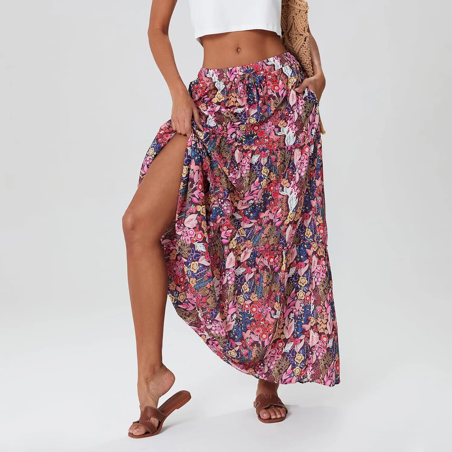 Women Bohemian Maxi Skirts Vintage Elastic High Waist A-Line Skirts Tiered Long Flowy Skirts with Pockets