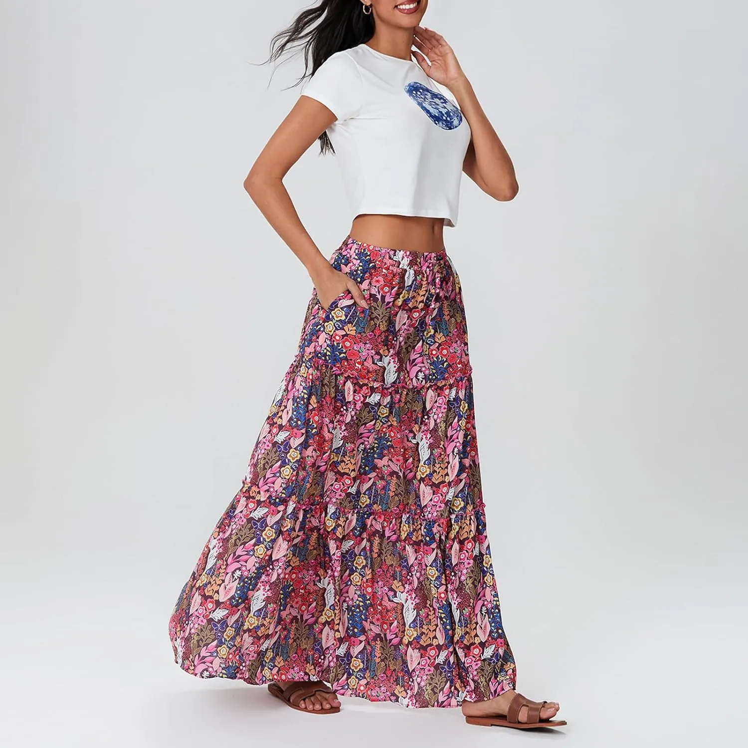 Women Bohemian Maxi Skirts Vintage Elastic High Waist A-Line Skirts Tiered Long Flowy Skirts with Pockets