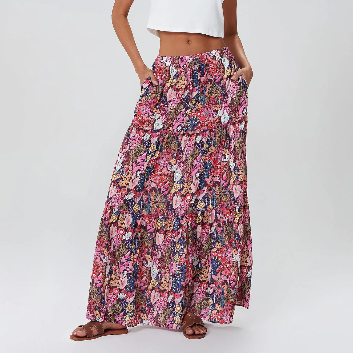 Women Bohemian Maxi Skirts Vintage Elastic High Waist A-Line Skirts Tiered Long Flowy Skirts with Pockets