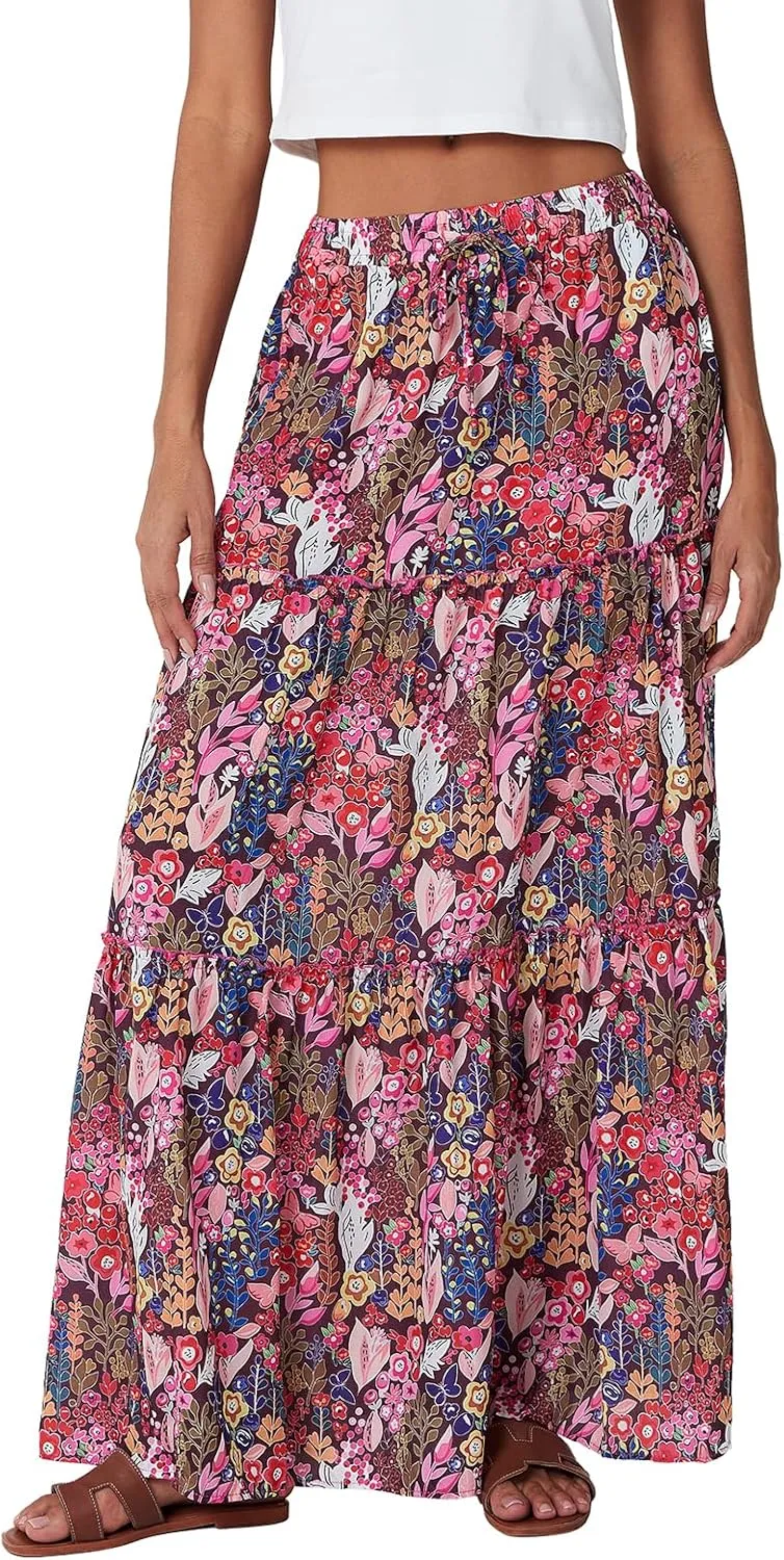 Women Bohemian Maxi Skirts Vintage Elastic High Waist A-Line Skirts Tiered Long Flowy Skirts with Pockets