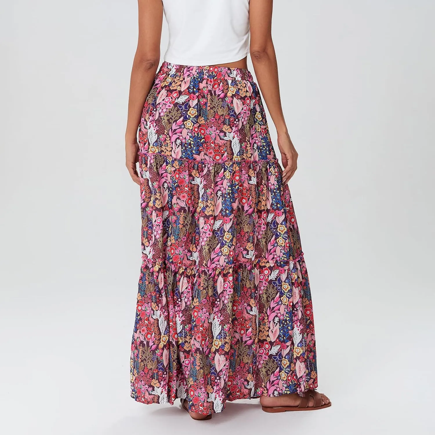 Women Bohemian Maxi Skirts Vintage Elastic High Waist A-Line Skirts Tiered Long Flowy Skirts with Pockets