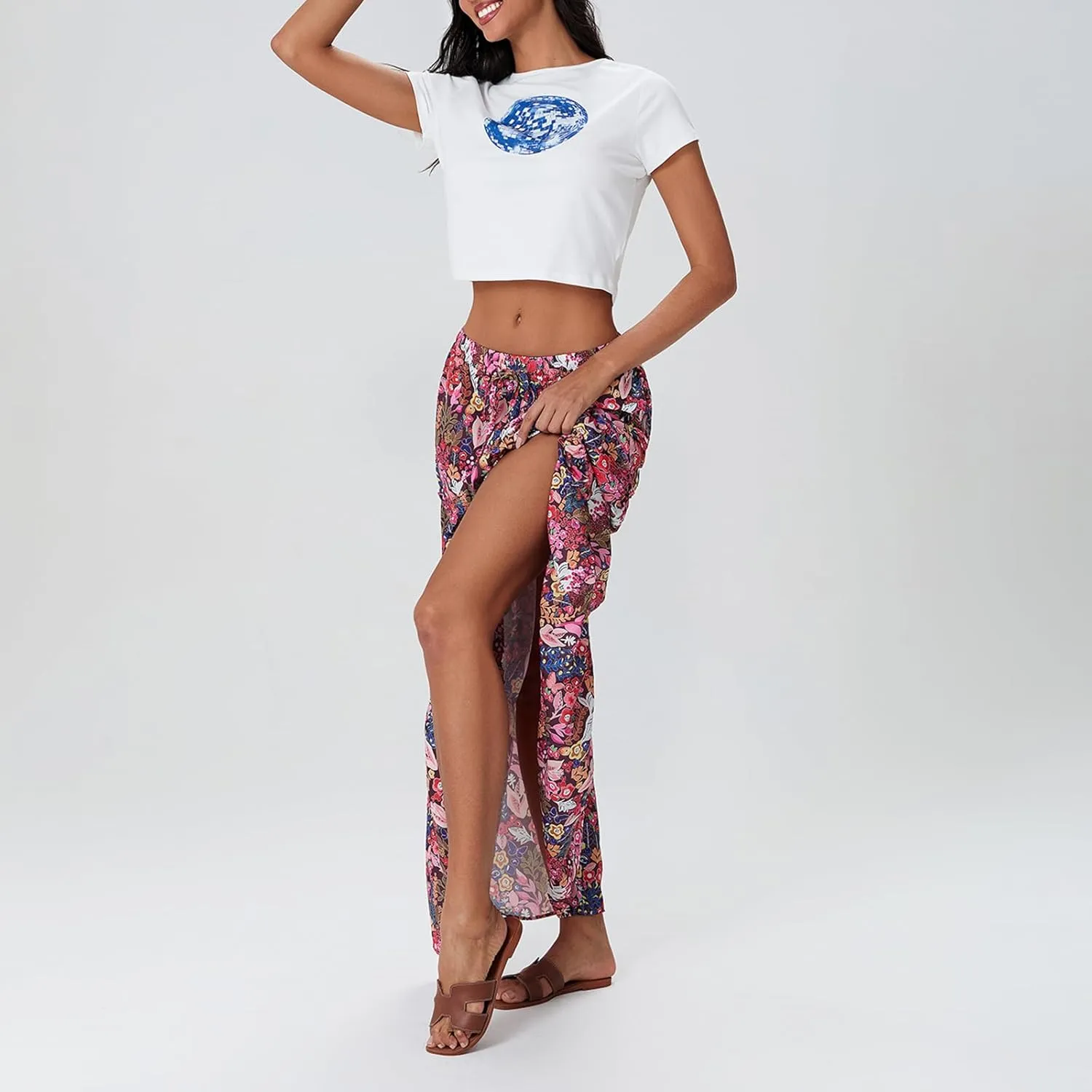 Women Bohemian Maxi Skirts Vintage Elastic High Waist A-Line Skirts Tiered Long Flowy Skirts with Pockets