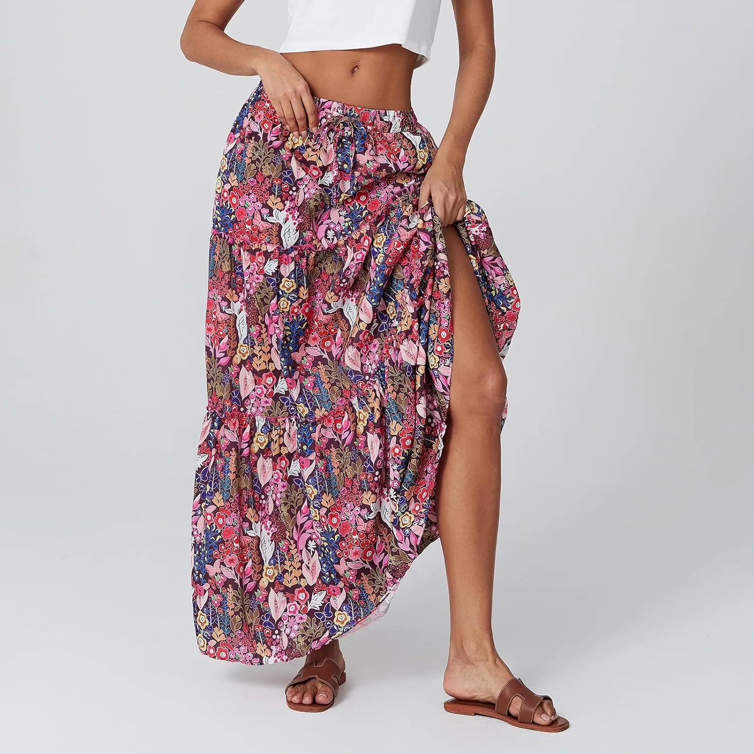 Women Bohemian Maxi Skirts Vintage Elastic High Waist A-Line Skirts Tiered Long Flowy Skirts with Pockets