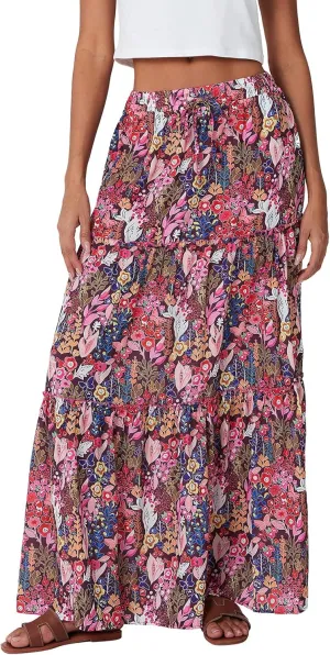 Women Bohemian Maxi Skirts Vintage Elastic High Waist A-Line Skirts Tiered Long Flowy Skirts with Pockets