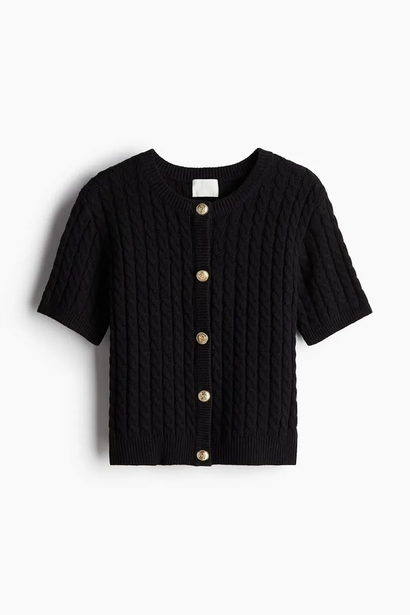Women Cable Knit Cardigan Sweaters Short Sleeve Vintage Button Down Y2k Crop Knit Cardigan Casual Soft Sweater