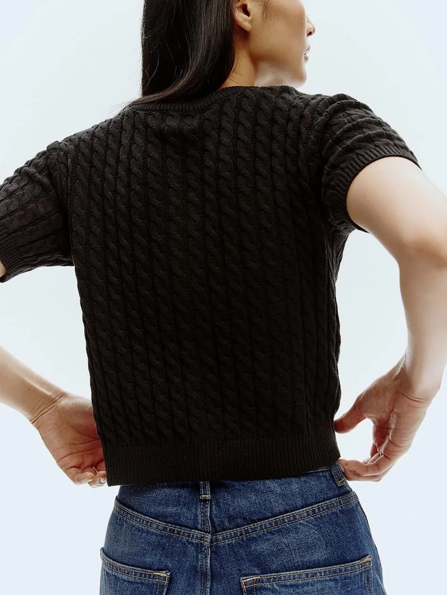 Women Cable Knit Cardigan Sweaters Short Sleeve Vintage Button Down Y2k Crop Knit Cardigan Casual Soft Sweater