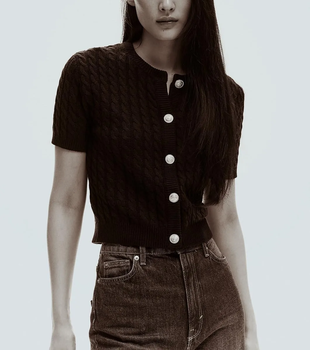 Women Cable Knit Cardigan Sweaters Short Sleeve Vintage Button Down Y2k Crop Knit Cardigan Casual Soft Sweater
