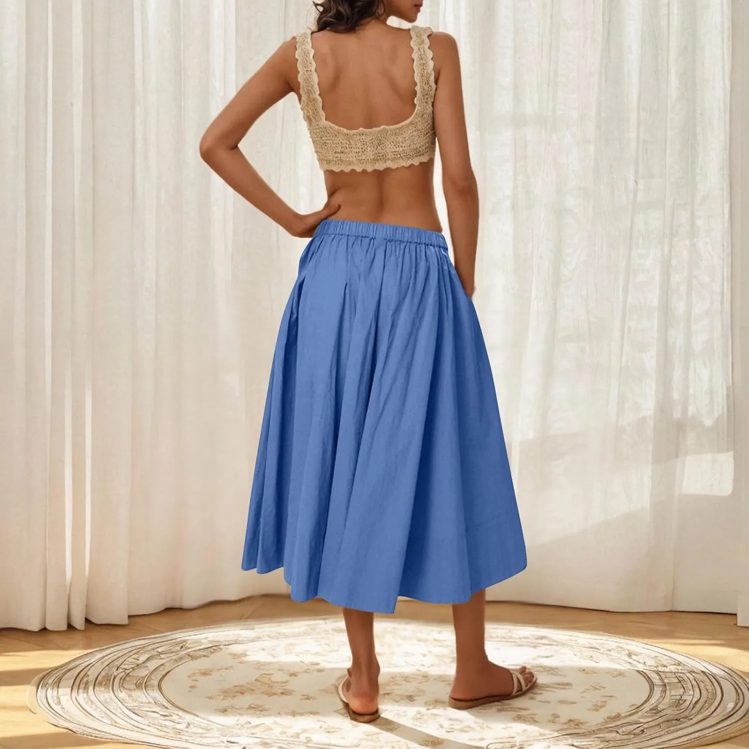 Women Casual Midi Skirt Summer Business Pleated Skirts Elastic High Waist Flowy A Line Dress Beach Vacation Clothes