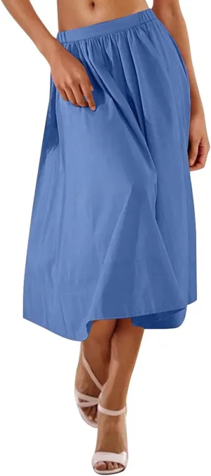 Women Casual Midi Skirt Summer Business Pleated Skirts Elastic High Waist Flowy A Line Dress Beach Vacation Clothes
