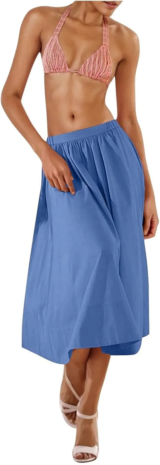 Women Casual Midi Skirt Summer Business Pleated Skirts Elastic High Waist Flowy A Line Dress Beach Vacation Clothes
