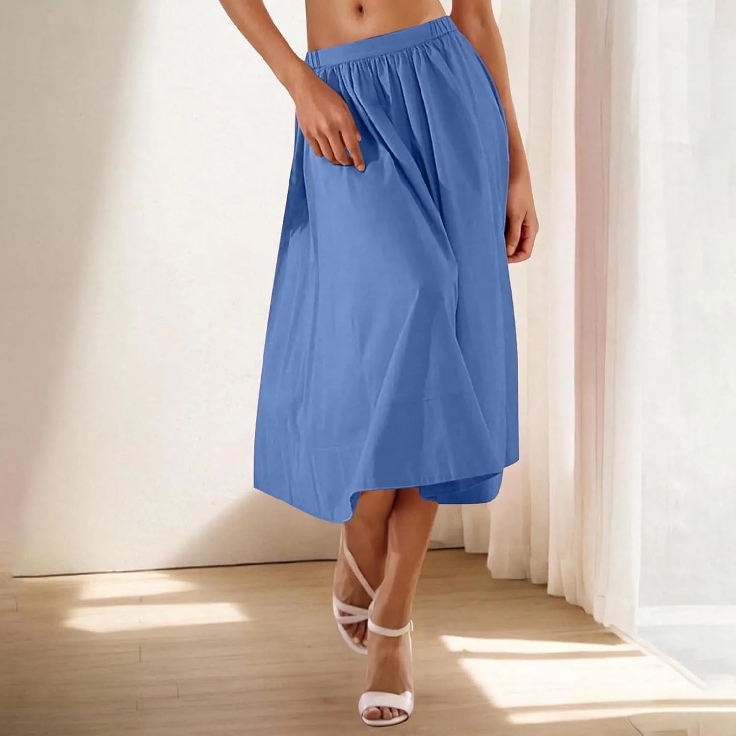 Women Casual Midi Skirt Summer Business Pleated Skirts Elastic High Waist Flowy A Line Dress Beach Vacation Clothes