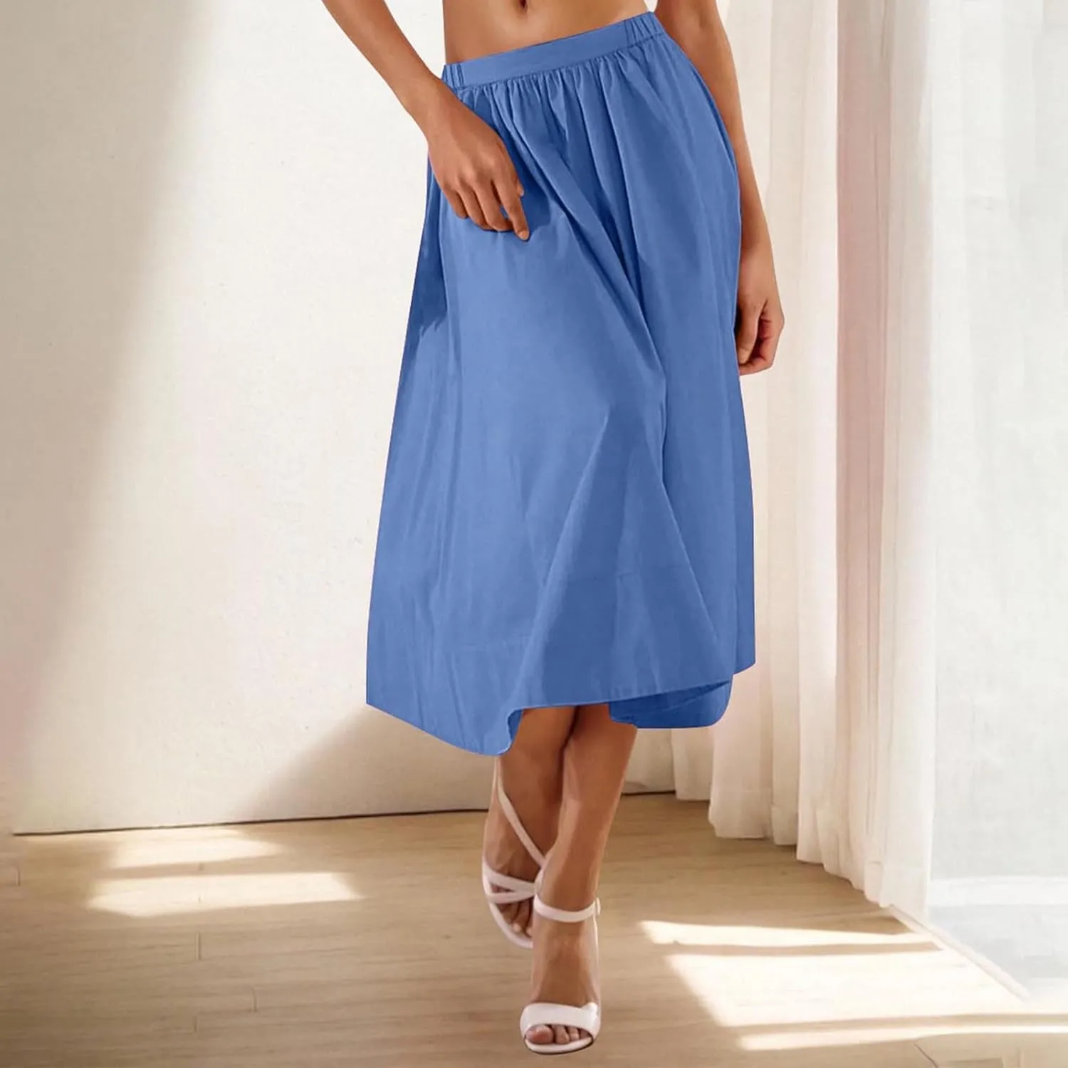 Women Casual Midi Skirt Summer Business Pleated Skirts Elastic High Waist Flowy A Line Dress Beach Vacation Clothes
