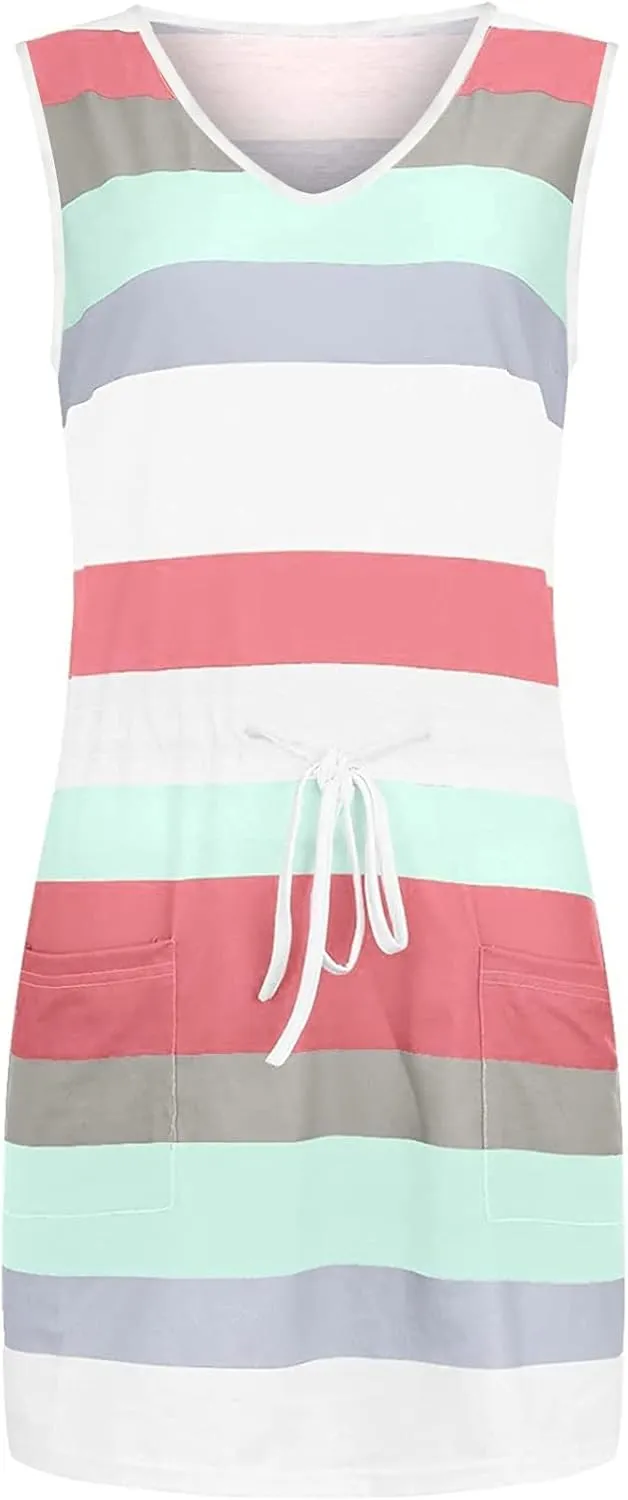 Women Casual Stripe Sundress V-Neck Sleeveless Beach Mini Dress Loose Drawstring Waist Short Dresses with Pockets