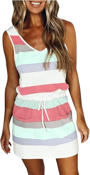 Women Casual Stripe Sundress V-Neck Sleeveless Beach Mini Dress Loose Drawstring Waist Short Dresses with Pockets
